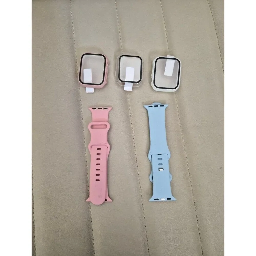 Silicone Apple Smartwatch Bands with Protective Cases - Pink & Light Blue
